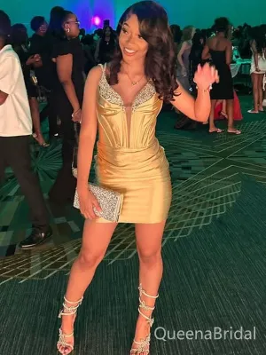 Sexy Yellow V-neck Homecoming Dress Graduation Party Dress , QB0888