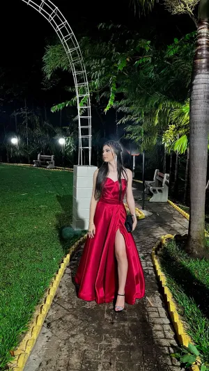 Simple A Line Red Party Dress Satin Long Formal Dresses