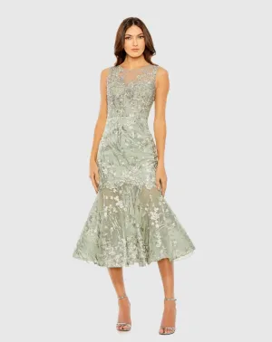 Sleeveless Embroidered Detail Mermaid Dress - Sage