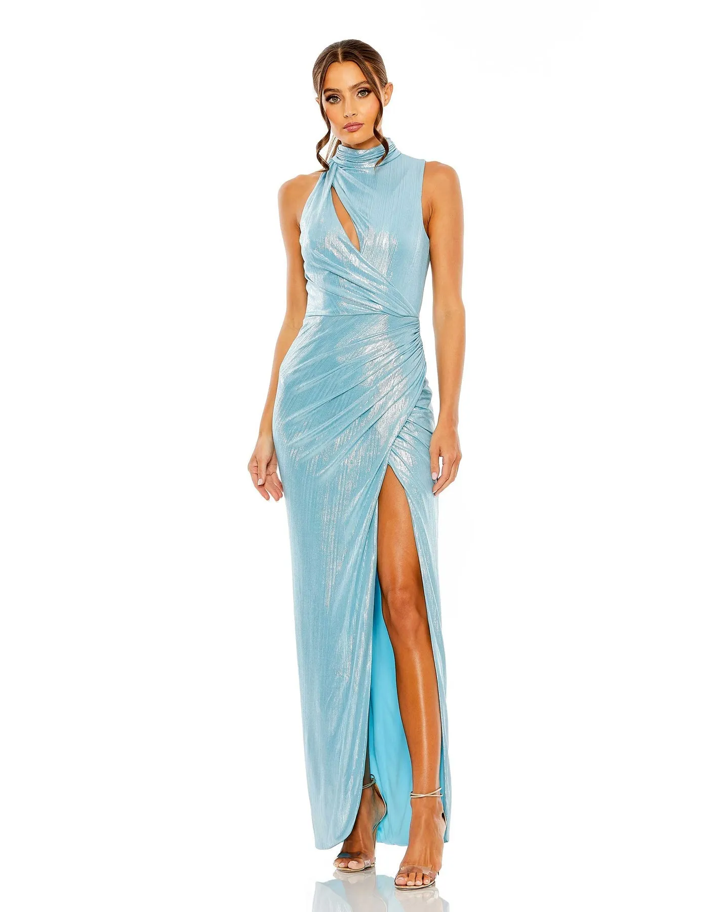 Sleeveless high-neck gathered waist sequin gown - Mocha