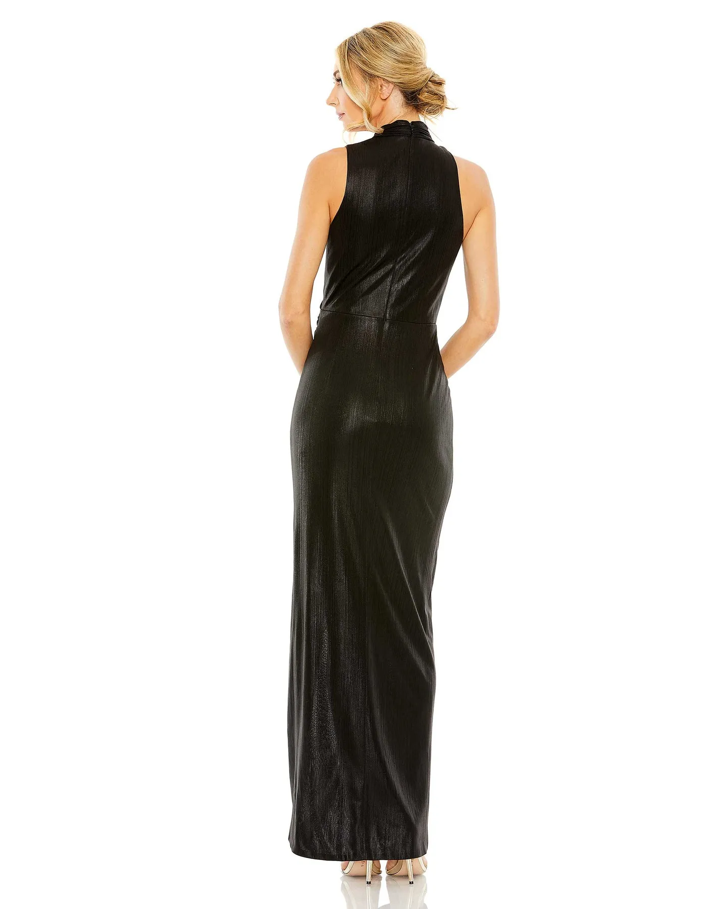 Sleeveless high-neck gathered waist sequin gown - Mocha