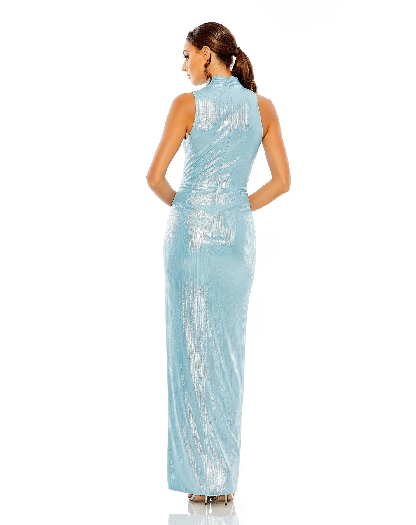 Sleeveless high-neck gathered waist sequin gown - Mocha