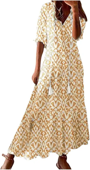 Summer Beach Dresses for Women Trendy Floral Printed Short Sleeve V Neck Maxi Dress Elegant Ladies Vacation Dress
