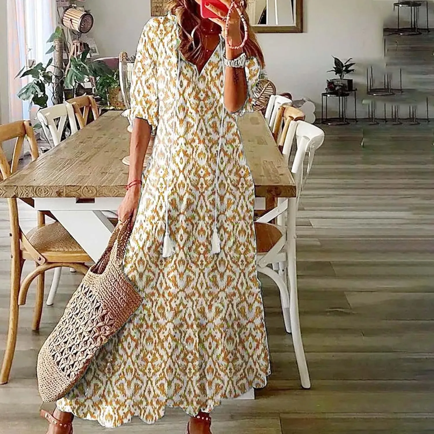 Summer Beach Dresses for Women Trendy Floral Printed Short Sleeve V Neck Maxi Dress Elegant Ladies Vacation Dress