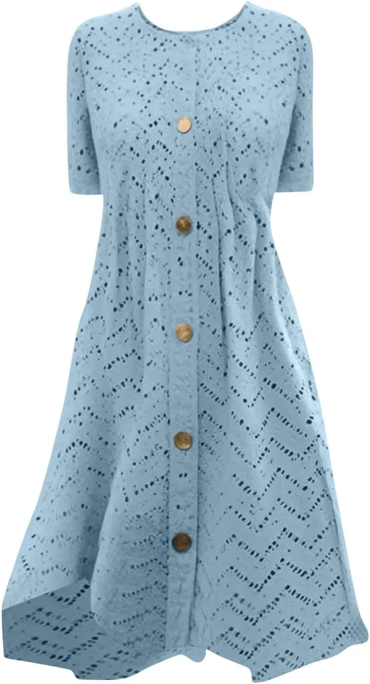 Summer Dresses for Women 2025 Trendy Crew Neck Eyelet Short Sleeve Maxi Dress Boho Beach Vacation Sundress with Pocket