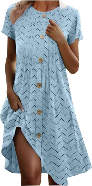 Summer Dresses for Women 2025 Trendy Crew Neck Eyelet Short Sleeve Maxi Dress Boho Beach Vacation Sundress with Pocket