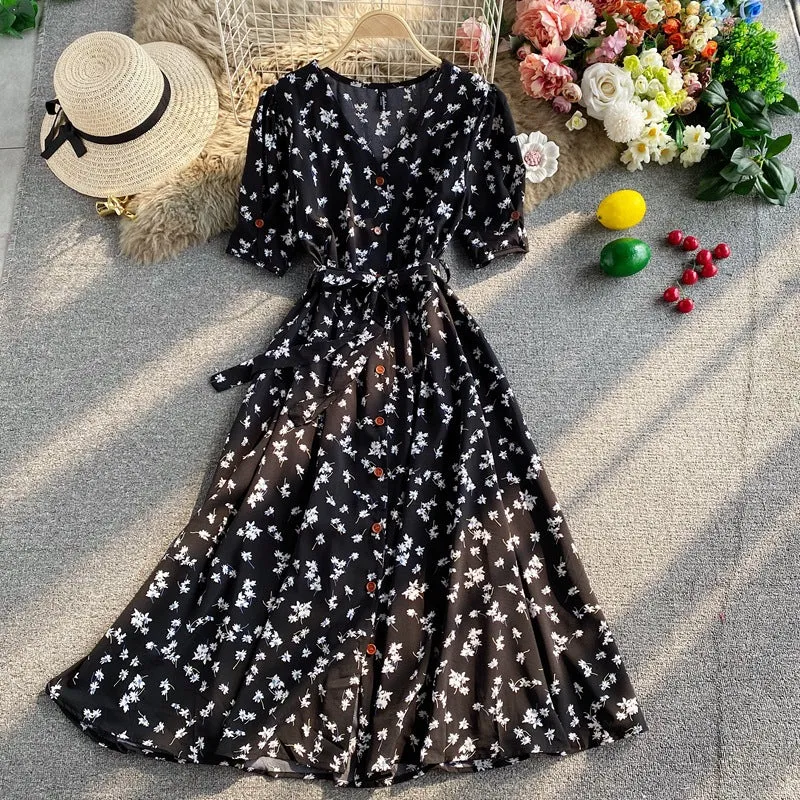 Temperament Floral Dress Short-Sleeved Autumn New Temperament Collar Strap Waist Thin Pendulum Long Skirt