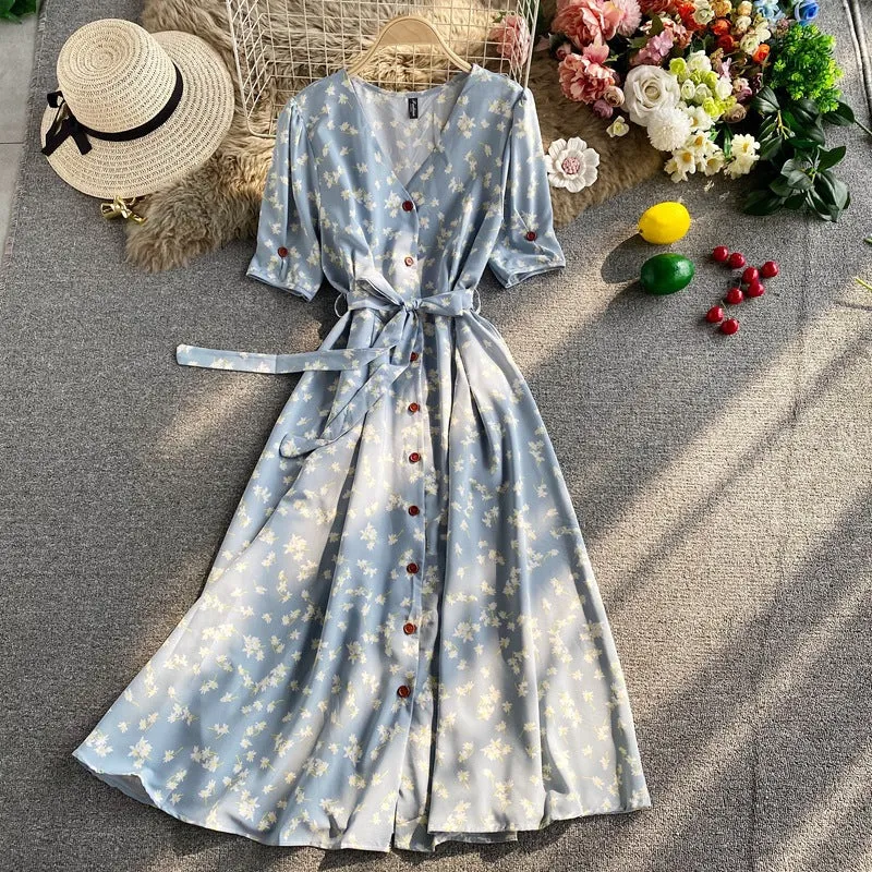 Temperament Floral Dress Short-Sleeved Autumn New Temperament Collar Strap Waist Thin Pendulum Long Skirt