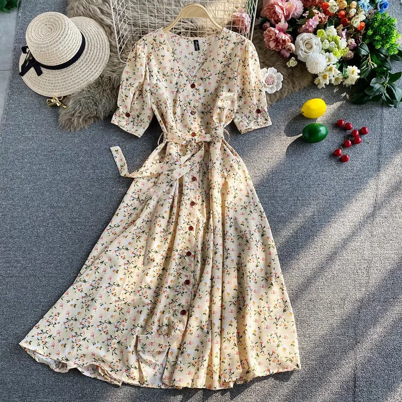 Temperament Floral Dress Short-Sleeved Autumn New Temperament Collar Strap Waist Thin Pendulum Long Skirt