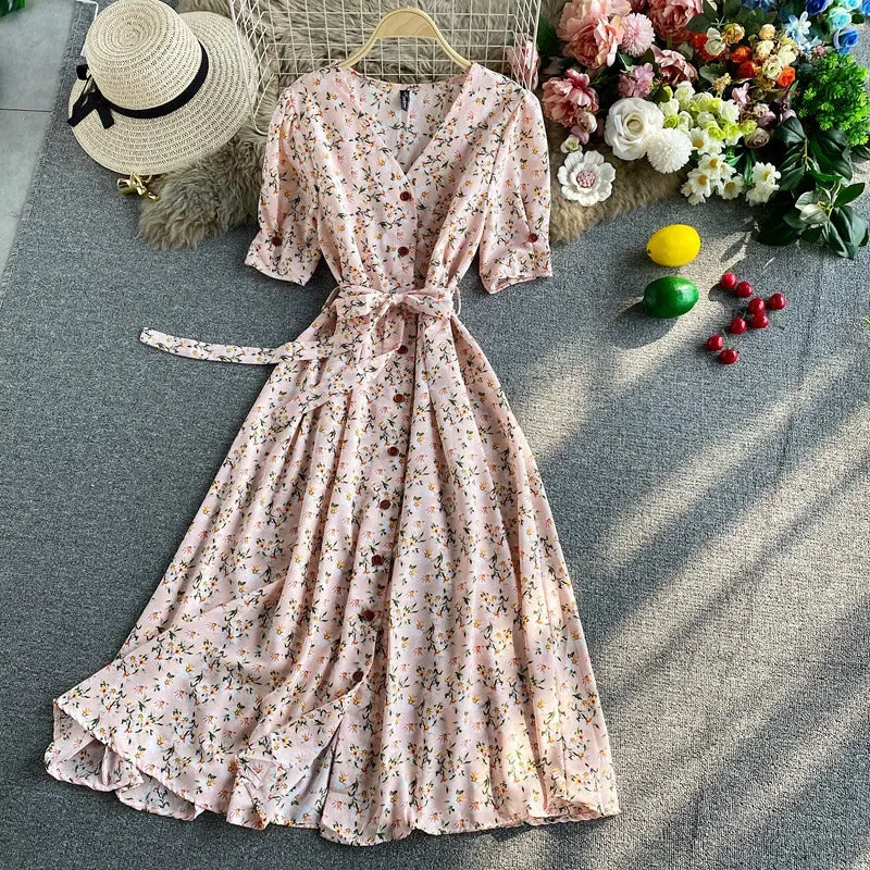 Temperament Floral Dress Short-Sleeved Autumn New Temperament Collar Strap Waist Thin Pendulum Long Skirt