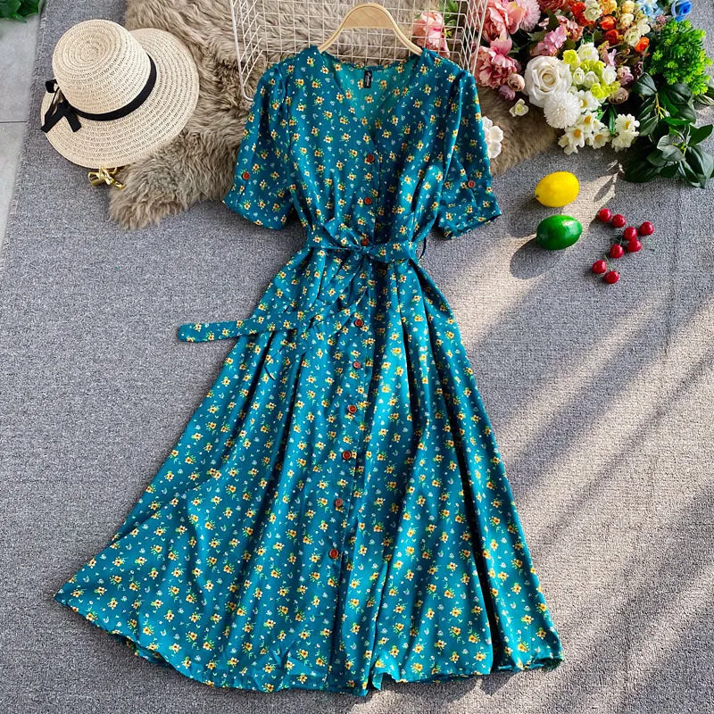 Temperament Floral Dress Short-Sleeved Autumn New Temperament Collar Strap Waist Thin Pendulum Long Skirt