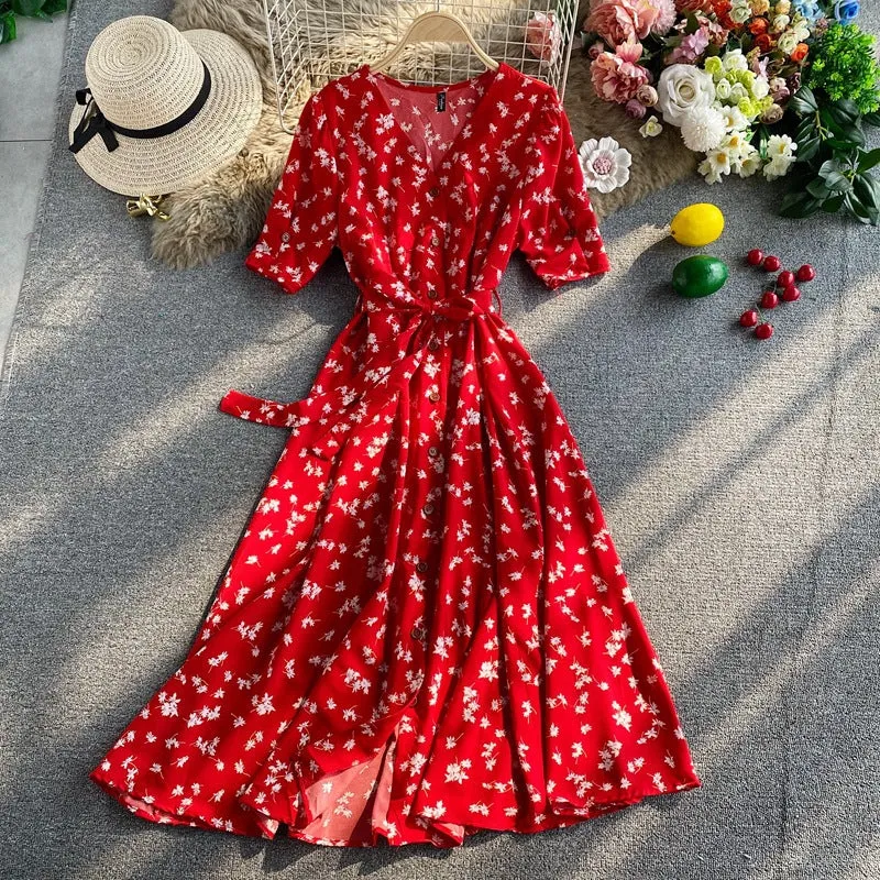 Temperament Floral Dress Short-Sleeved Autumn New Temperament Collar Strap Waist Thin Pendulum Long Skirt