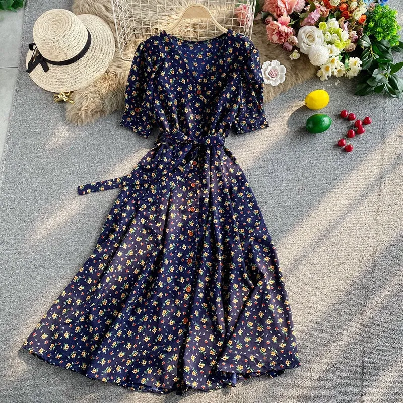 Temperament Floral Dress Short-Sleeved Autumn New Temperament Collar Strap Waist Thin Pendulum Long Skirt