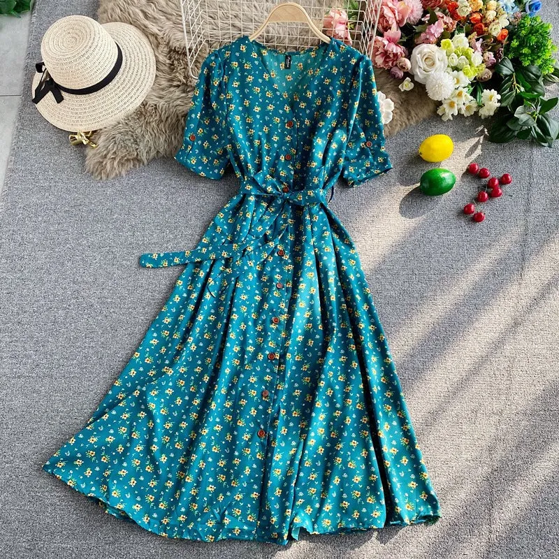 Temperament Floral Dress Short-Sleeved Autumn New Temperament Collar Strap Waist Thin Pendulum Long Skirt