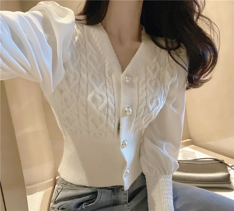 Temperament Slim Design Long-Sleeved Shirt Knitted Cardigan