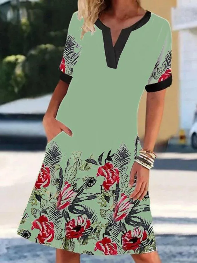 V-Neck Short Sleeve Vintage Print Elegant Dress