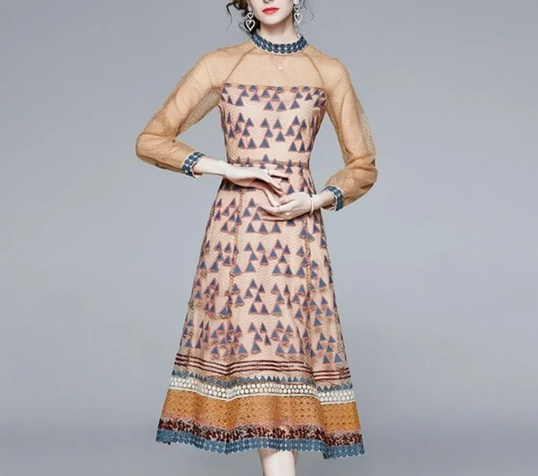 Women Embroidery Mesh Festa Long Elegant Vintage Dress
