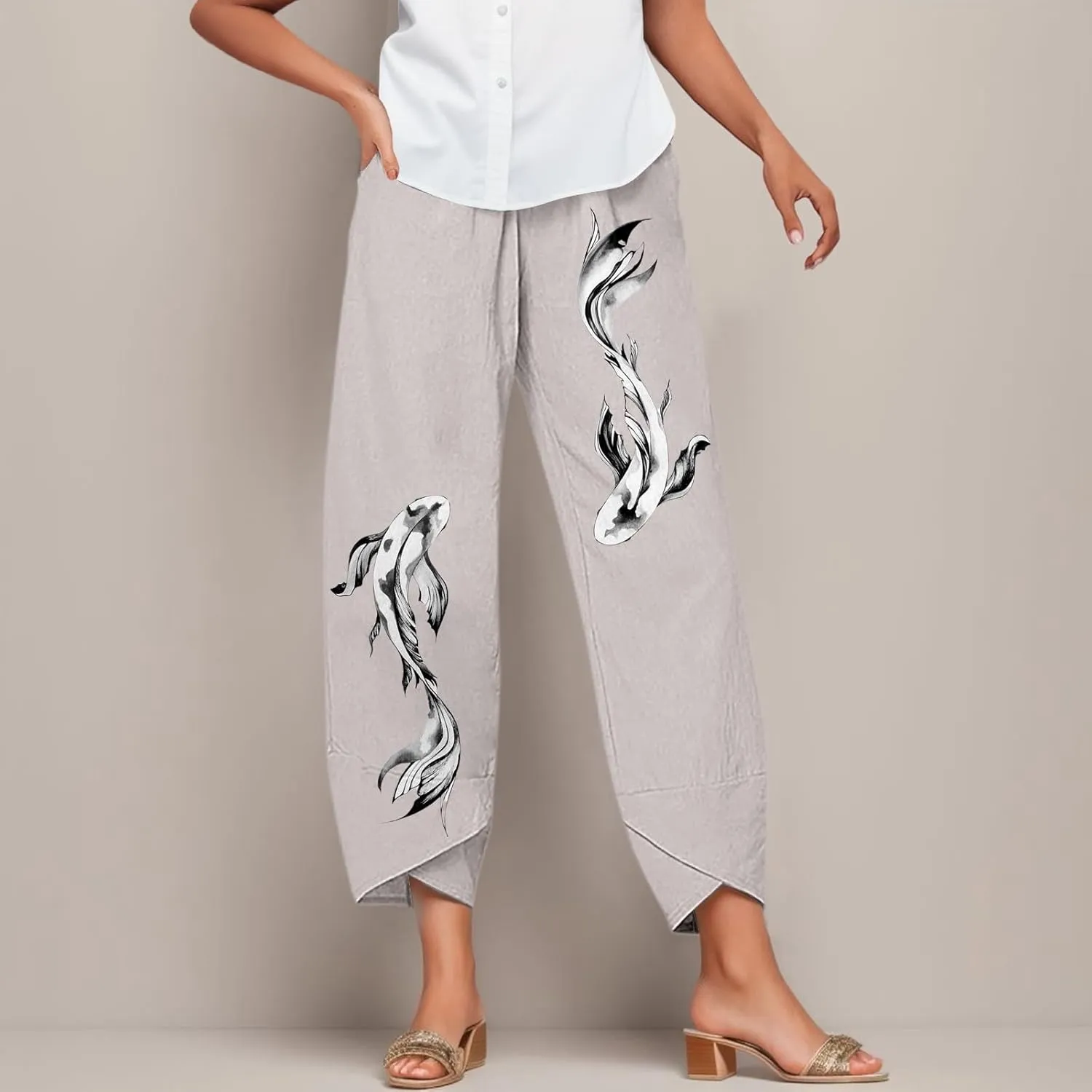 Women Linen Pants Casual Summer Loose Solid Color Boho Plus Size High Waist Linen Pants Work Lounge Trousers with Pockets