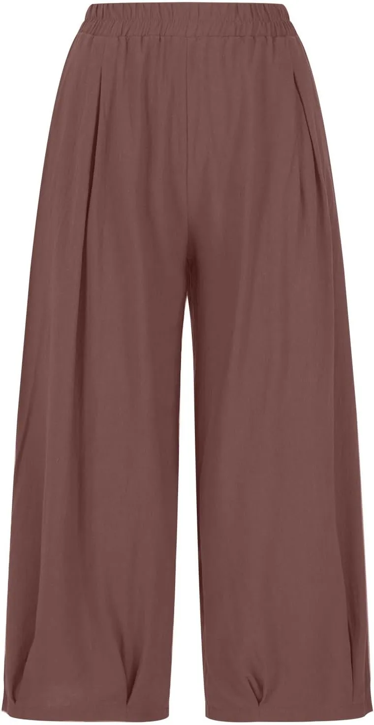 Women's Casual Cotton Linen Baggy Pants Elastic Waist Lantern Trousers 2025 Summer Beach Boho Trousers with Pockets