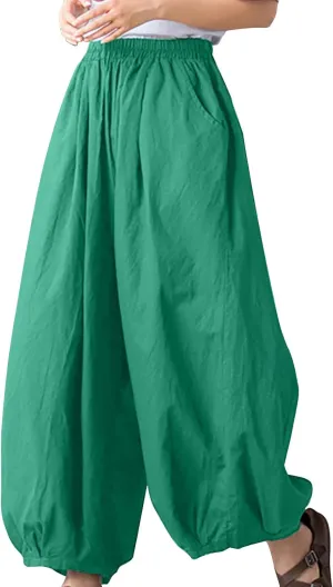 Women's Casual Cotton Linen Baggy Pants Elastic Waist Lantern Trousers 2025 Summer Beach Boho Trousers with Pockets
