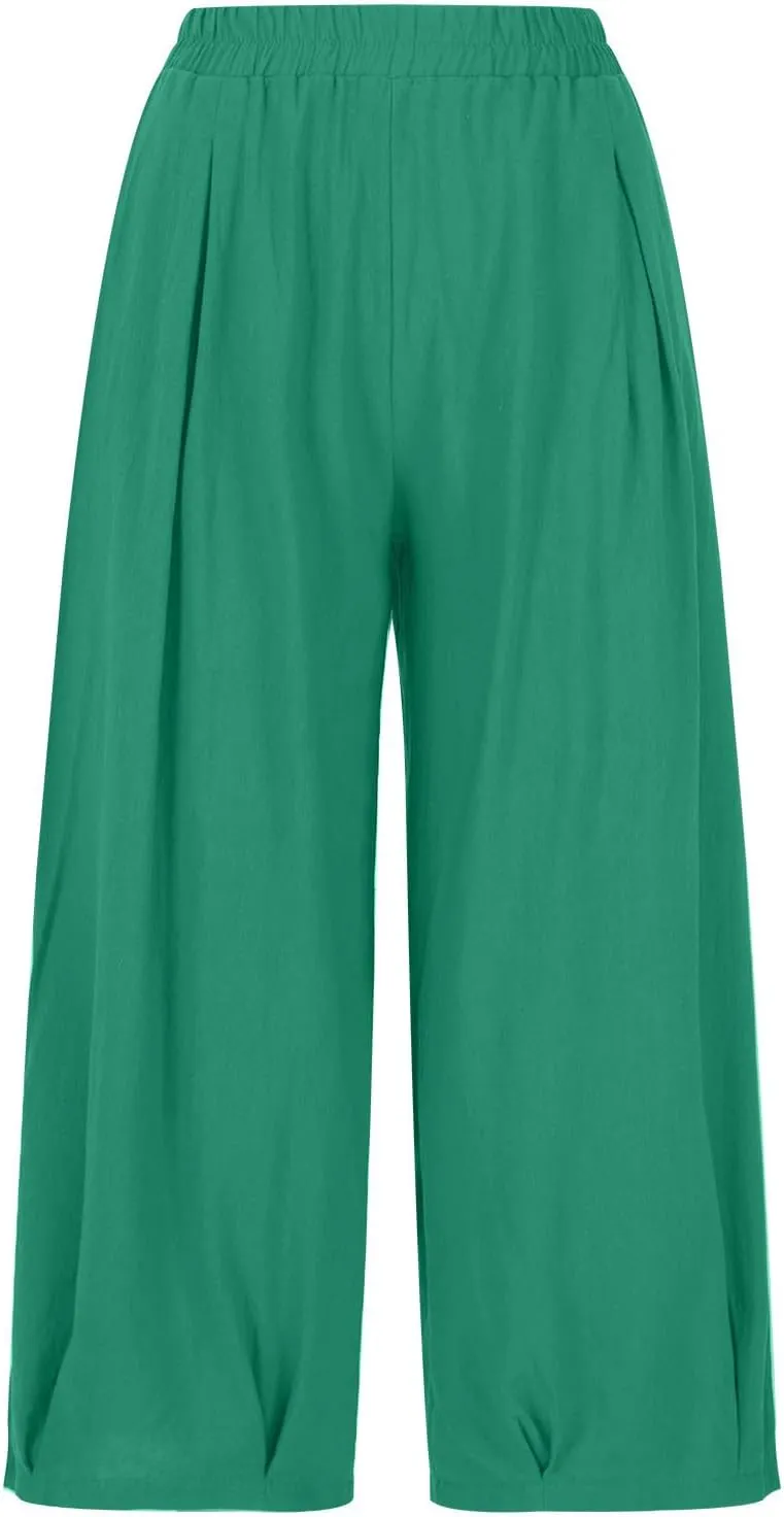 Women's Casual Cotton Linen Baggy Pants Elastic Waist Lantern Trousers 2025 Summer Beach Boho Trousers with Pockets
