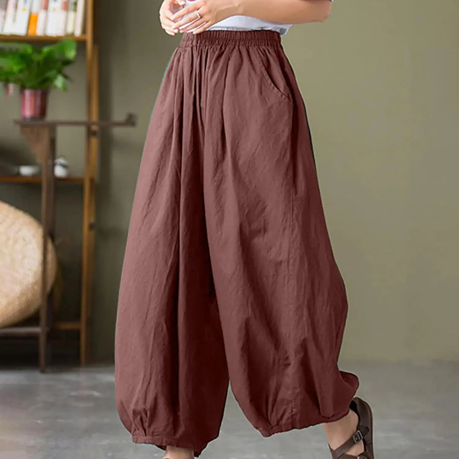 Women's Casual Cotton Linen Baggy Pants Elastic Waist Lantern Trousers 2025 Summer Beach Boho Trousers with Pockets