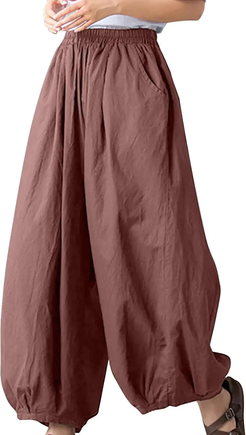 Women's Casual Cotton Linen Baggy Pants Elastic Waist Lantern Trousers 2025 Summer Beach Boho Trousers with Pockets