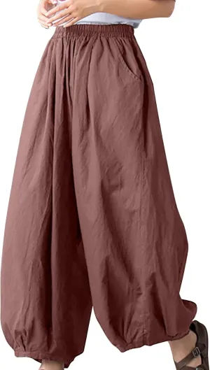 Women's Casual Cotton Linen Baggy Pants Elastic Waist Lantern Trousers 2025 Summer Beach Boho Trousers with Pockets