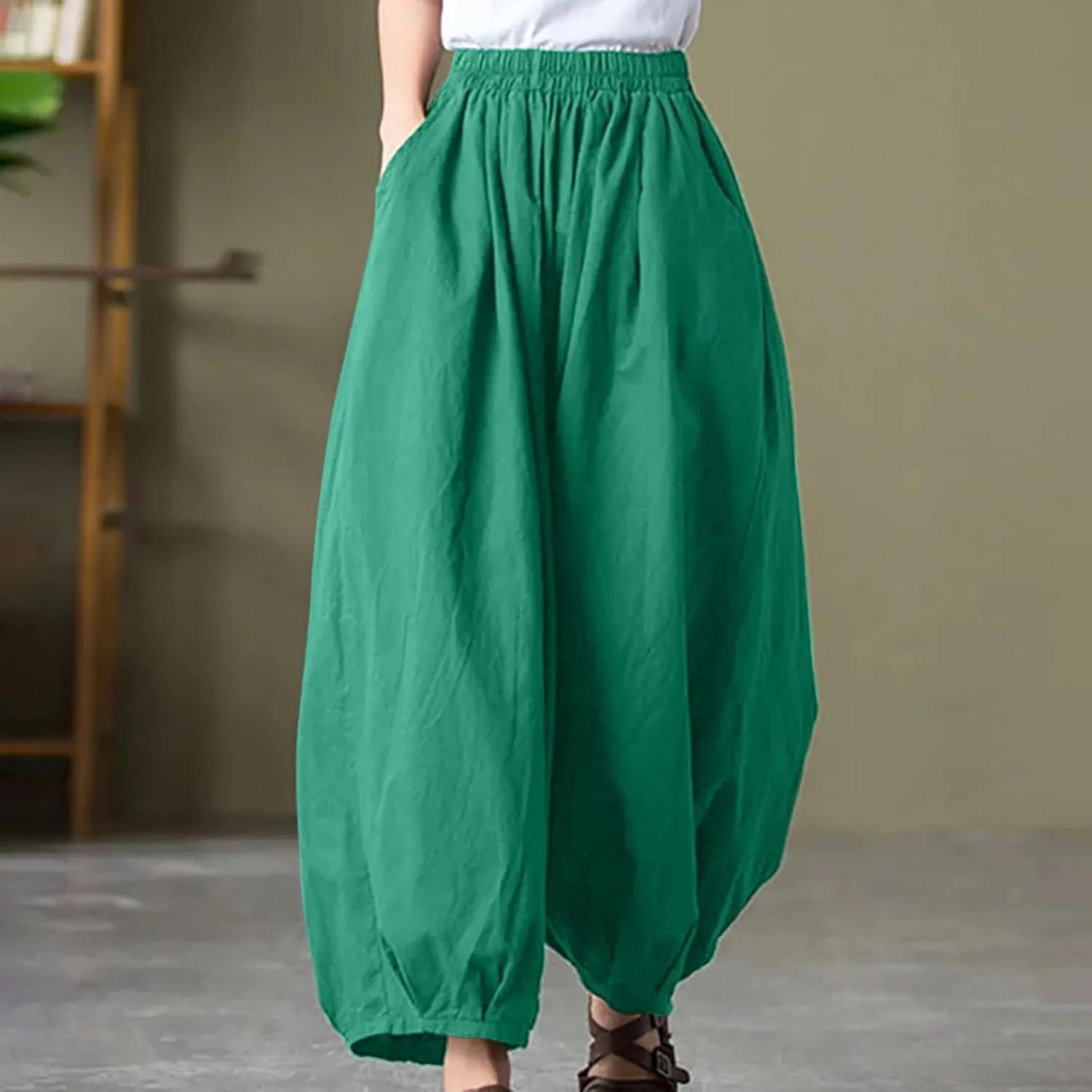 Women's Casual Cotton Linen Baggy Pants Elastic Waist Lantern Trousers 2025 Summer Beach Boho Trousers with Pockets
