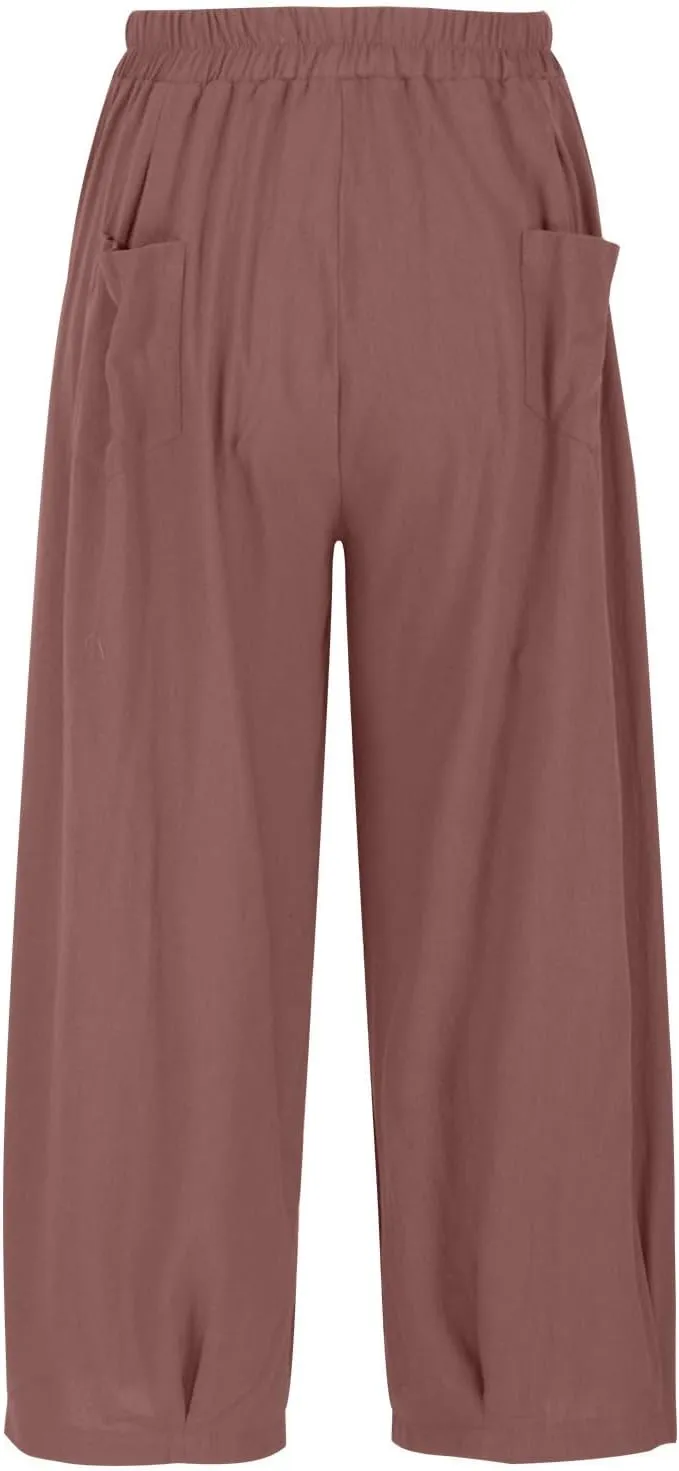 Women's Casual Cotton Linen Baggy Pants Elastic Waist Lantern Trousers 2025 Summer Beach Boho Trousers with Pockets