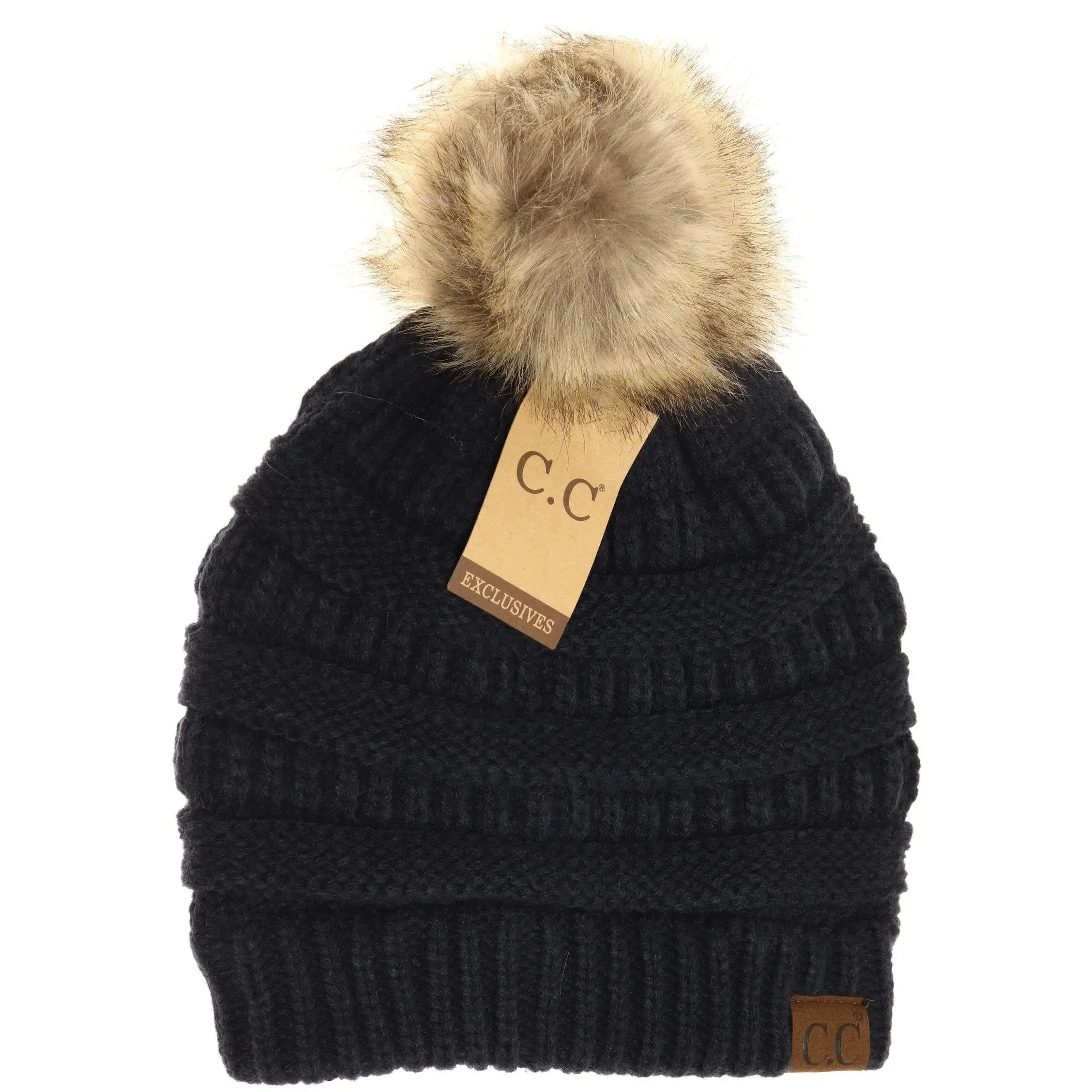 Women’s CC Beanie w/ Fur Pom – Cozy Knit with a Chic Touch