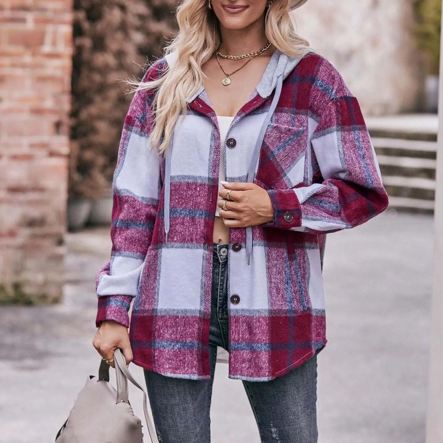 Womens Long Sleeve Plaid Shirts Button Down Flannel Hoodie Oversized Casual Fall Clothes Shacket Jacket Trendy 2023