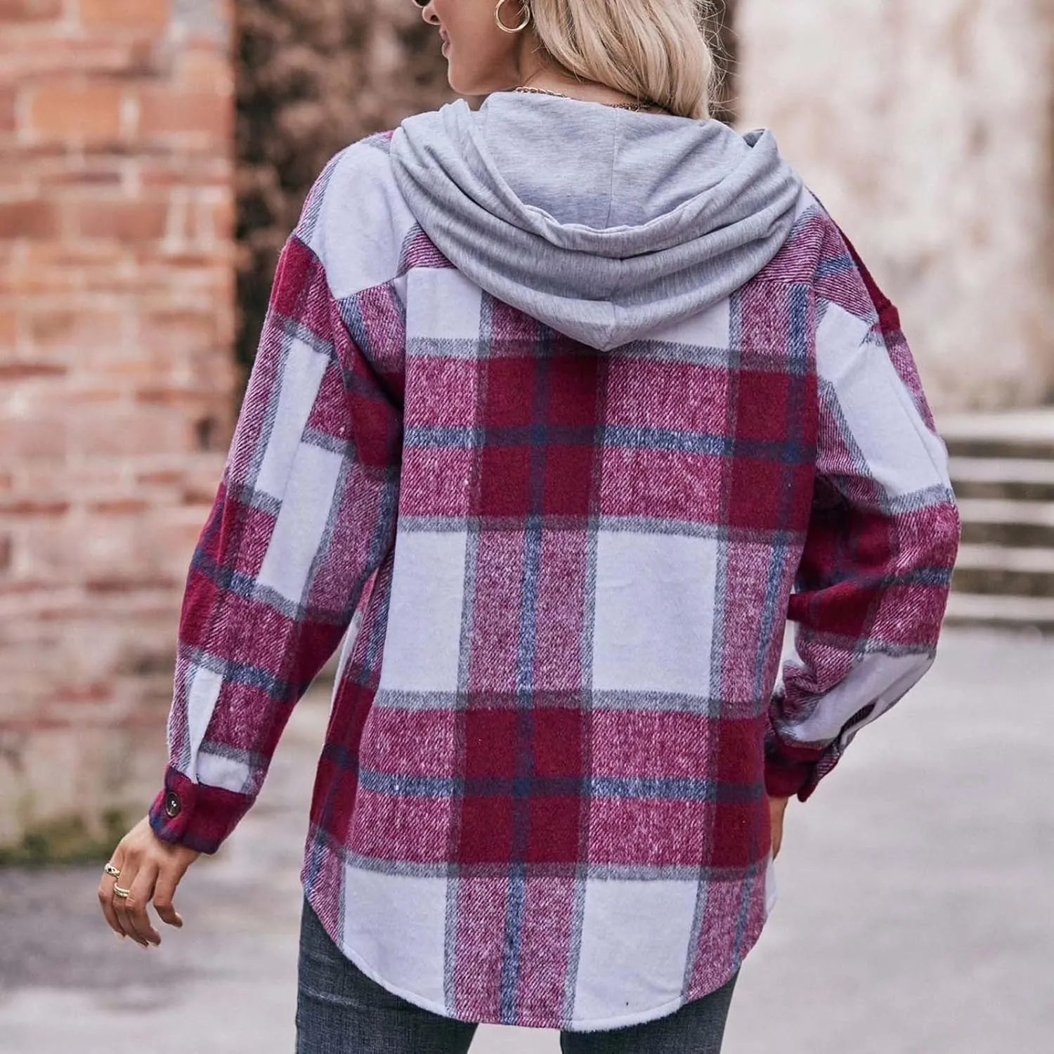 Womens Long Sleeve Plaid Shirts Button Down Flannel Hoodie Oversized Casual Fall Clothes Shacket Jacket Trendy 2023