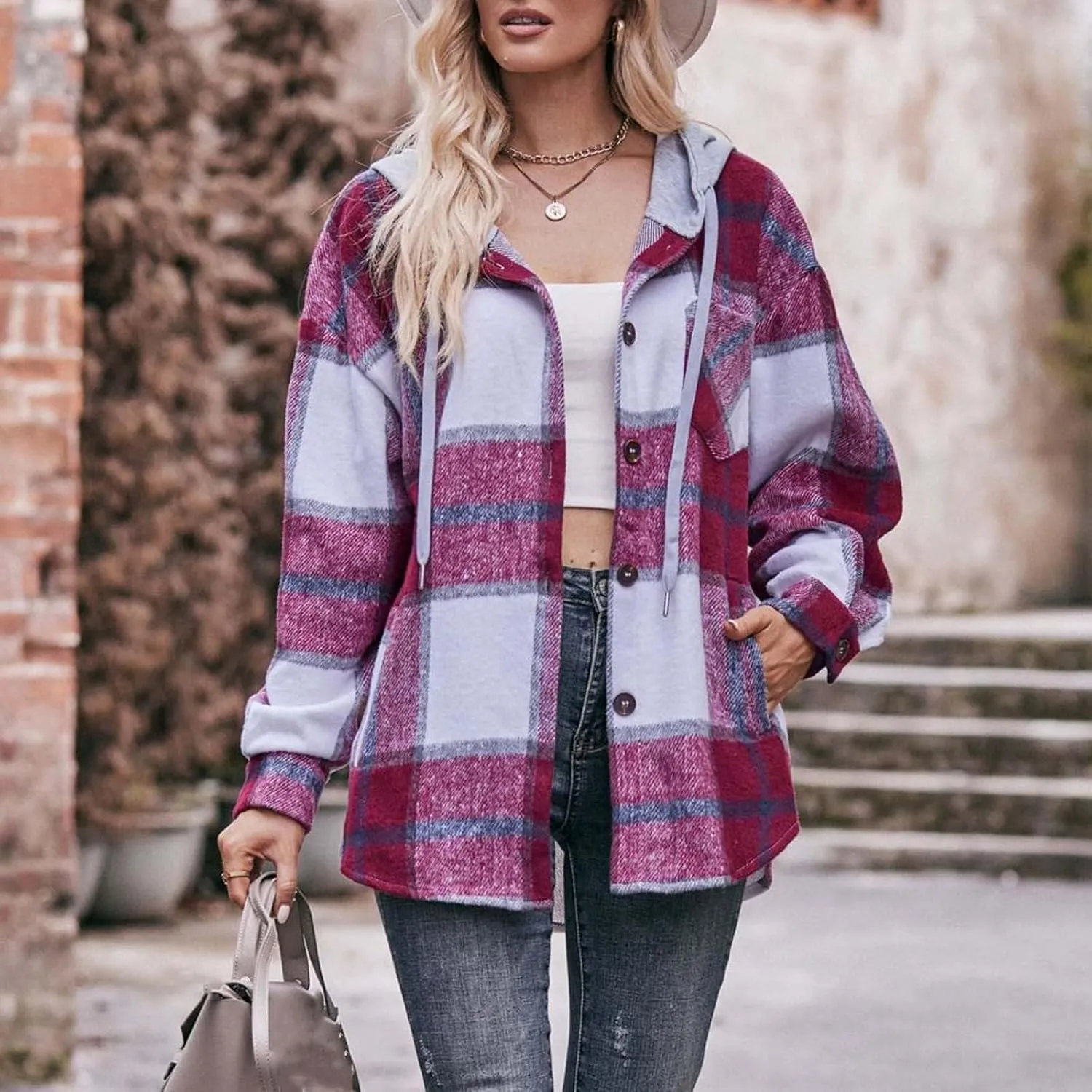 Womens Long Sleeve Plaid Shirts Button Down Flannel Hoodie Oversized Casual Fall Clothes Shacket Jacket Trendy 2023