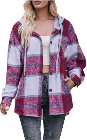 Womens Long Sleeve Plaid Shirts Button Down Flannel Hoodie Oversized Casual Fall Clothes Shacket Jacket Trendy 2023