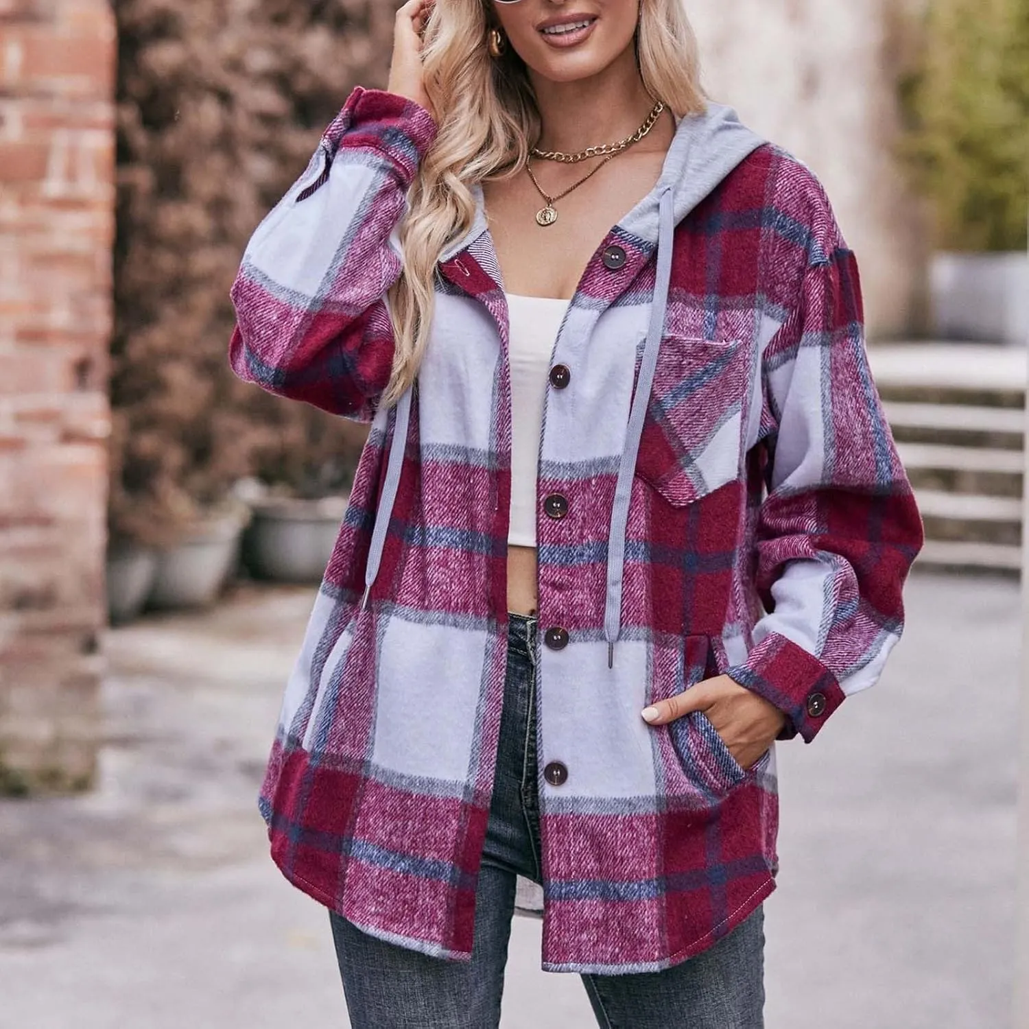Womens Long Sleeve Plaid Shirts Button Down Flannel Hoodie Oversized Casual Fall Clothes Shacket Jacket Trendy 2023