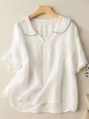 Womens Short Sleeve Shirt  Cotton Linen  Loose Fit  Retro Scalloped Collar