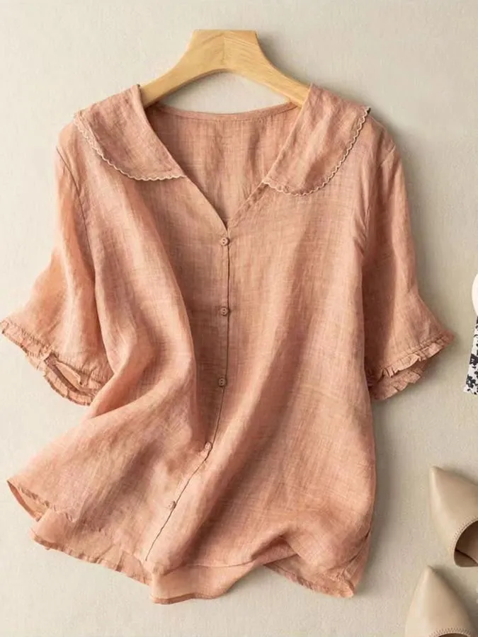 Womens Short Sleeve Shirt  Cotton Linen  Loose Fit  Retro Scalloped Collar