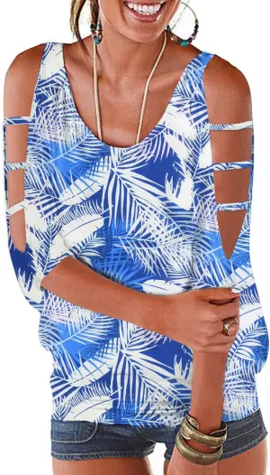 Womens Summer Cold Shoulder Tops 3/4 Sleeve T Shirts Pullover Casual Dolman Blouses