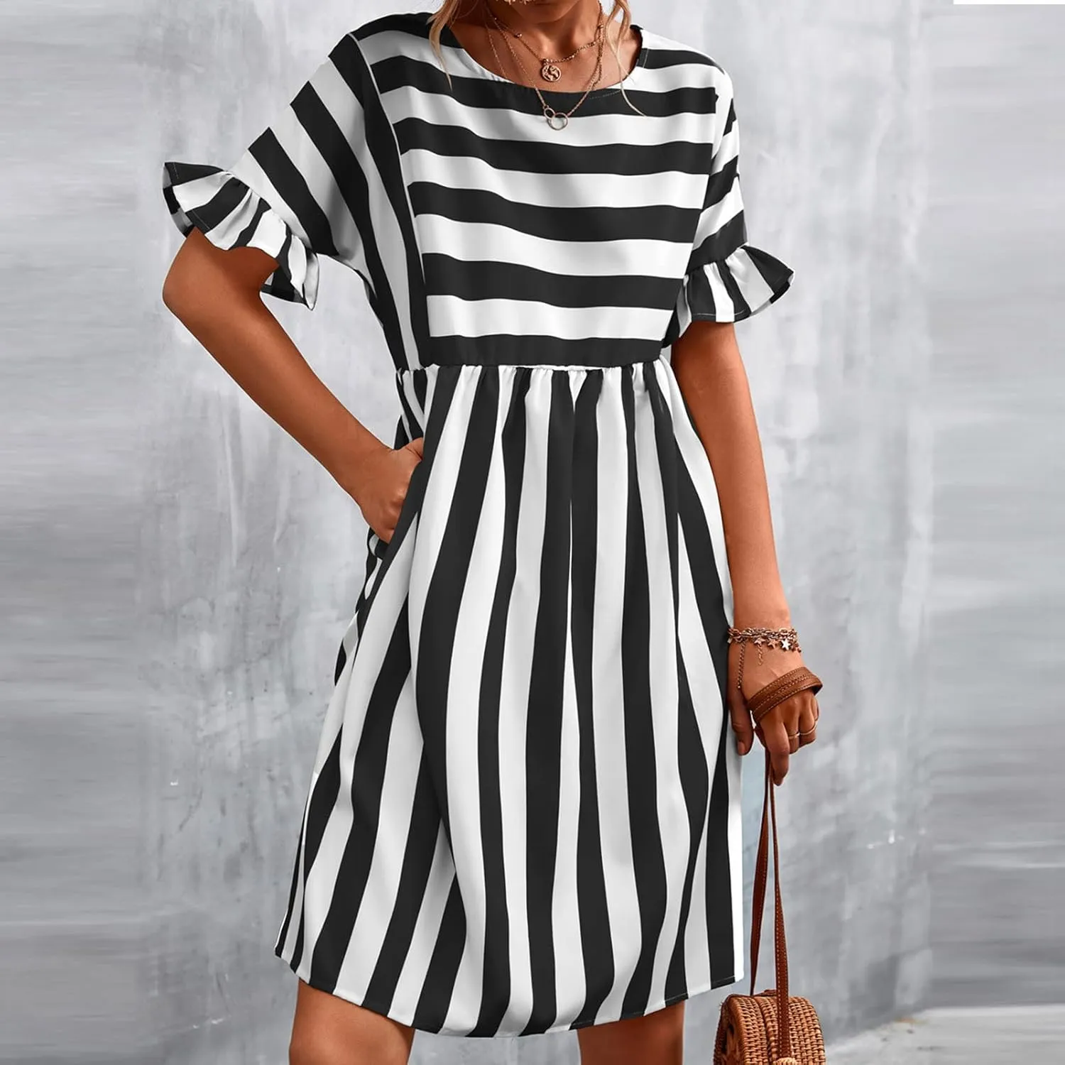 Womens Summer Tshirt Dress Trendy Striped Short Ruffle Sleeve Round Neck Work Waist Mini Dresses with Pockets