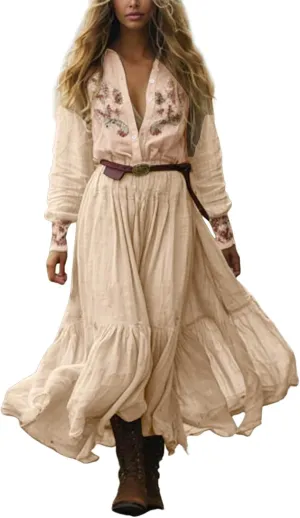 Womens Vintage Pastoral Flower Long Dress Sexy V-Neck Long Sleeve Western Dresses Plus Size Summer Casual Maxi Dress
