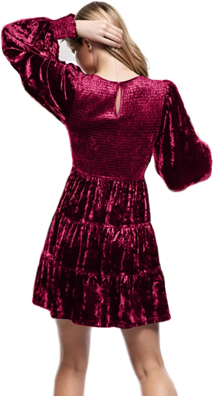 XUNRYAN Womens Velvet Dress Fall Winter Crushed Long Sleeve Crew Neck Elastic Smocked A-Line Tiered Ruffle Mini Dresses