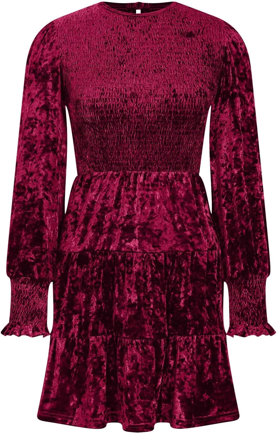 XUNRYAN Womens Velvet Dress Fall Winter Crushed Long Sleeve Crew Neck Elastic Smocked A-Line Tiered Ruffle Mini Dresses