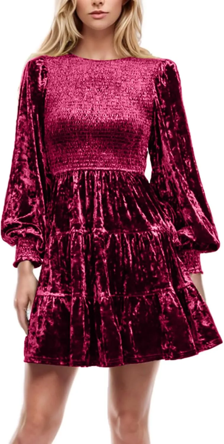 XUNRYAN Womens Velvet Dress Fall Winter Crushed Long Sleeve Crew Neck Elastic Smocked A-Line Tiered Ruffle Mini Dresses