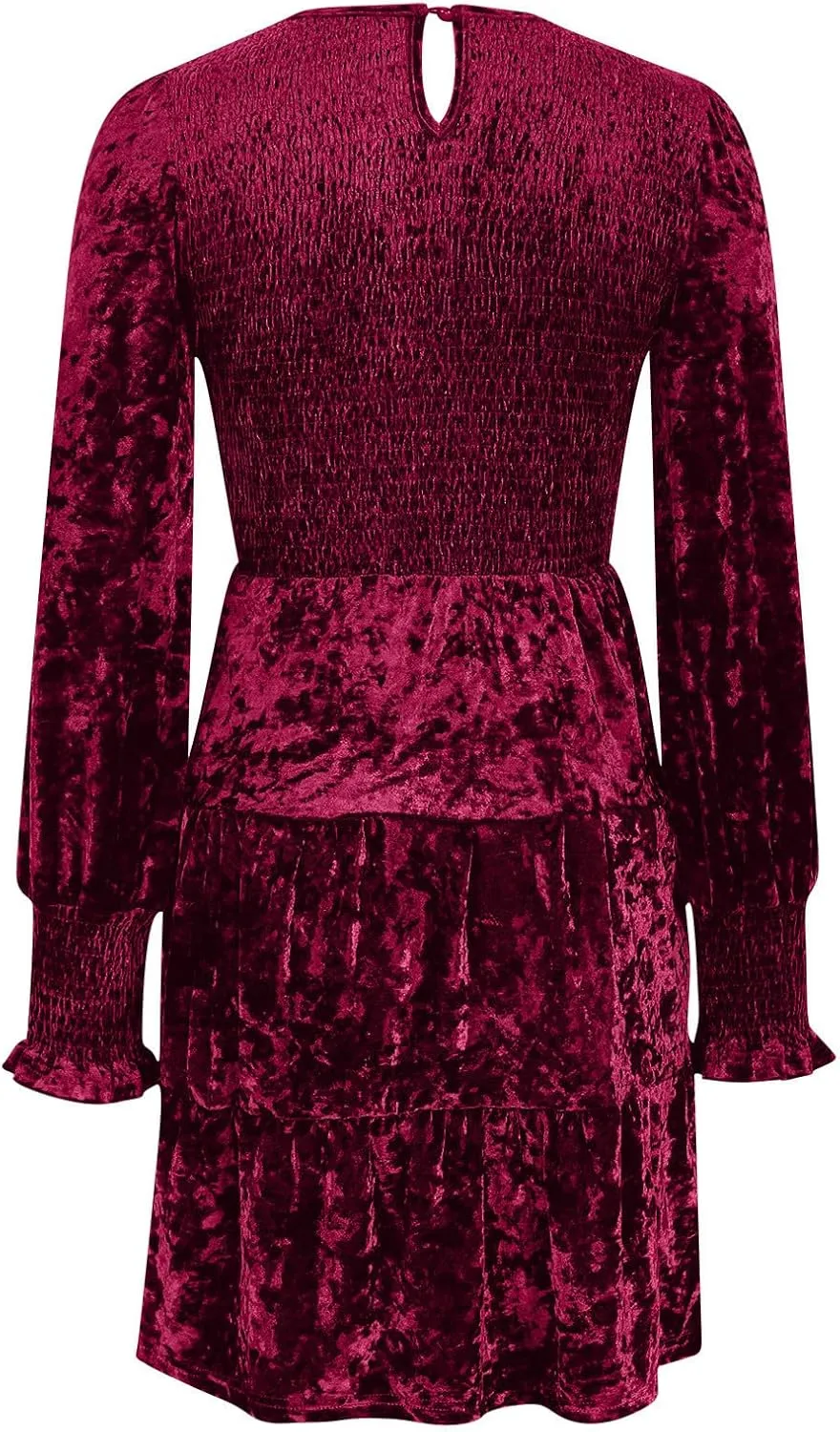 XUNRYAN Womens Velvet Dress Fall Winter Crushed Long Sleeve Crew Neck Elastic Smocked A-Line Tiered Ruffle Mini Dresses