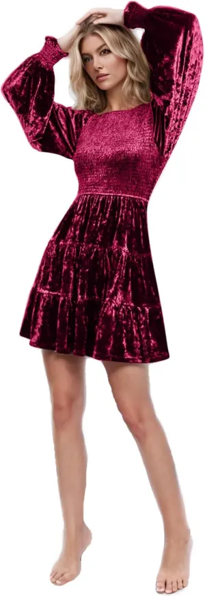 XUNRYAN Womens Velvet Dress Fall Winter Crushed Long Sleeve Crew Neck Elastic Smocked A-Line Tiered Ruffle Mini Dresses